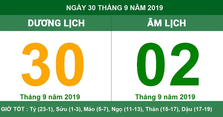 Âm Dương Lịch Ngày 30 Tháng 09 Năm 2019