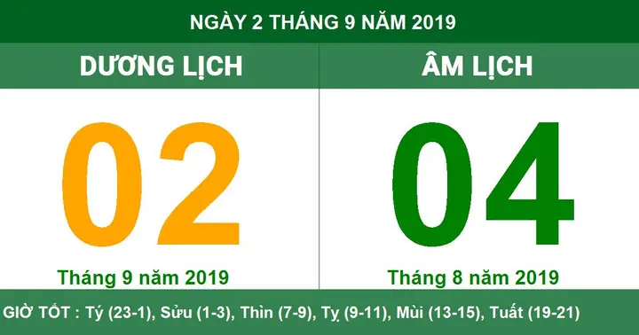 Âm Dương Lịch 02/09 - Lịch Vạn Niên Ngày 02/09/2019