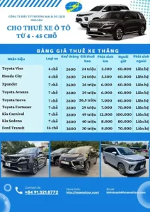 Bảng Giá Thuê Xe Tháng