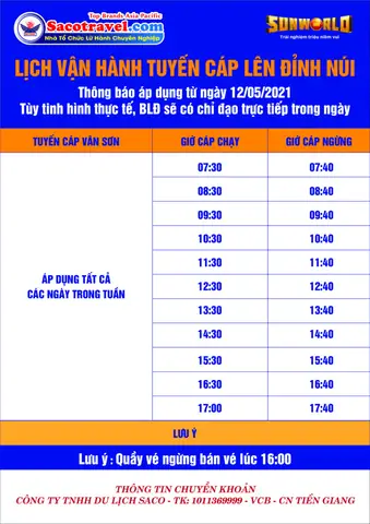 Lịch Vận Hành Tuyến Cáp Treo Đỉnh Vân Sơn Lịch Vận Hành Tuyến Cáp Treo Đỉnh Vân Sơn