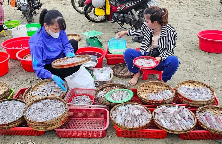 Khung Cảnh Nhộn Nhịp Mua Bán Hải Sản Ở Phiên Chợ Làng Chài Trên Bãi Biển Mân Thái Mỗi Sáng Sớm. Ngư Dân Và Các Tiểu Thương Ai Nấy Đều Giữ Gìn Vệ Sinh Sạch Sẽ Cho Bãi Biển.