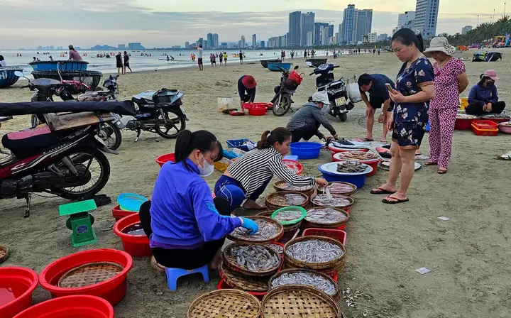 Khung Cảnh Nhộn Nhịp Mua Bán Hải Sản Ở Phiên Chợ Làng Chài Trên Bãi Biển Mân Thái Mỗi Sáng Sớm. Ngư Dân Và Các Tiểu Thương Ai Nấy Đều Giữ Gìn Vệ Sinh Sạch Sẽ Cho Bãi Biển.