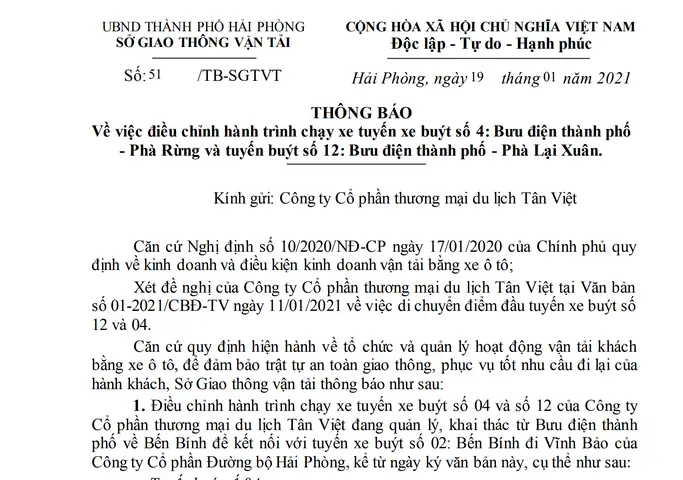 Điều Chỉnh Hành Trình Chạy Xe Các Tuyến Xe Buýt Số 4, Số 12