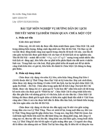 Bài Tập Môn Nghiệp Vụ Hướng Dẫn Du Lịch - Thuyết Minh ...