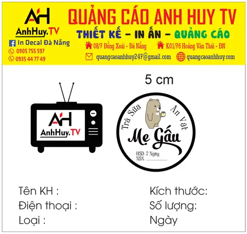 Anh Huy Tv In Logo Dán Chai Ly Tem Nhãn Trà Sữa Ăn Vặt