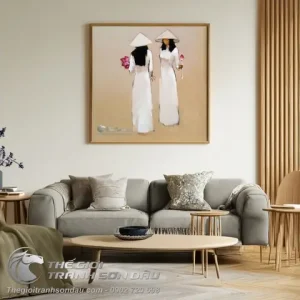 Tranh Vẽ Hai Thiếu Nữ Mặc Áo Dài Trắng Và Hoa Sen