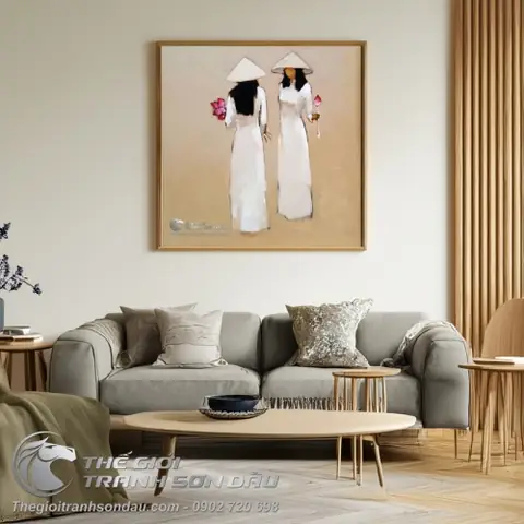 Tranh Vẽ Hai Thiếu Nữ Mặc Áo Dài Trắng Và Hoa Sen