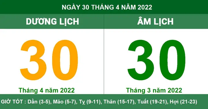 Âm Dương Lịch Ngày 30 Tháng 04 Năm 2022