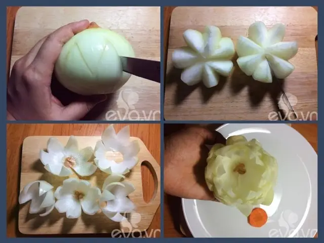 Trang Trí Món Gỏi Độc Đáo Với Cách Tỉa Hoa Sen Từ Hành Tây