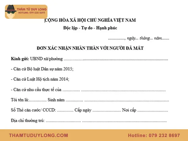 Đơn Xin Xác Nhận Nhân Thân Với Người Đã Mất