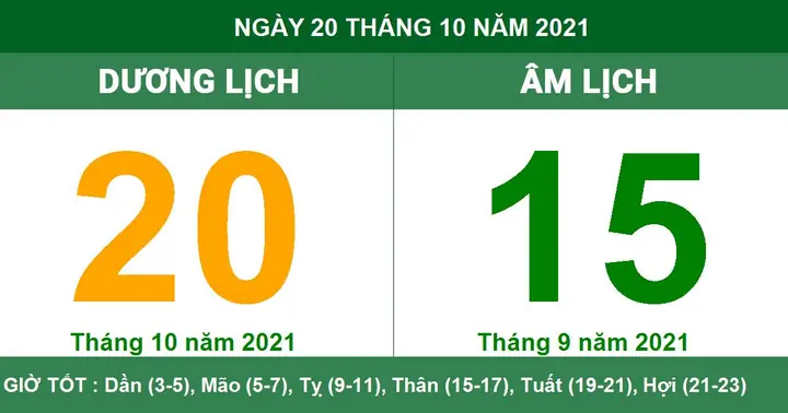Âm Dương Lịch Ngày 20 Tháng 10 Năm 2021