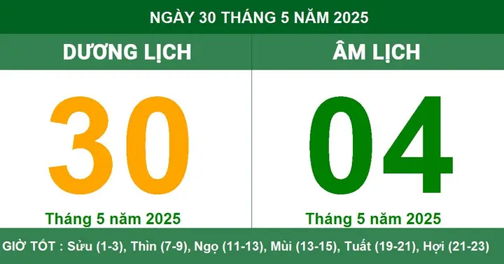 Âm Dương Lịch Ngày 30 Tháng 05 Năm 2025