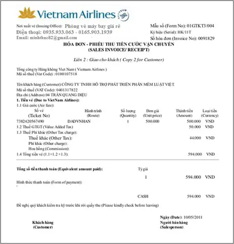 Tra Cứu Hóa Đơn Đỏ Vietnam Airline