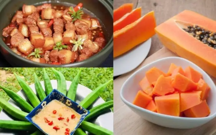 Ba Chỉ Kho Tiêu, Đậu Bắp, Đậu Rồng Luộc, Đu Đủ