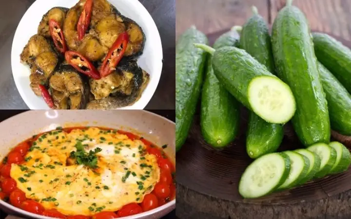 Cơm, Cá Lóc Kho Tiêu, Trứng Chiên Cà Chua, Dưa Leo