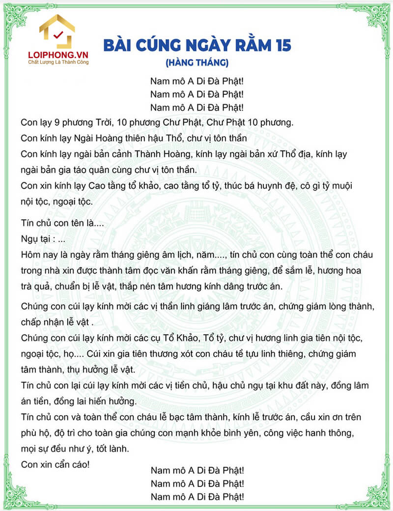 bài cúng rằm hàng tháng