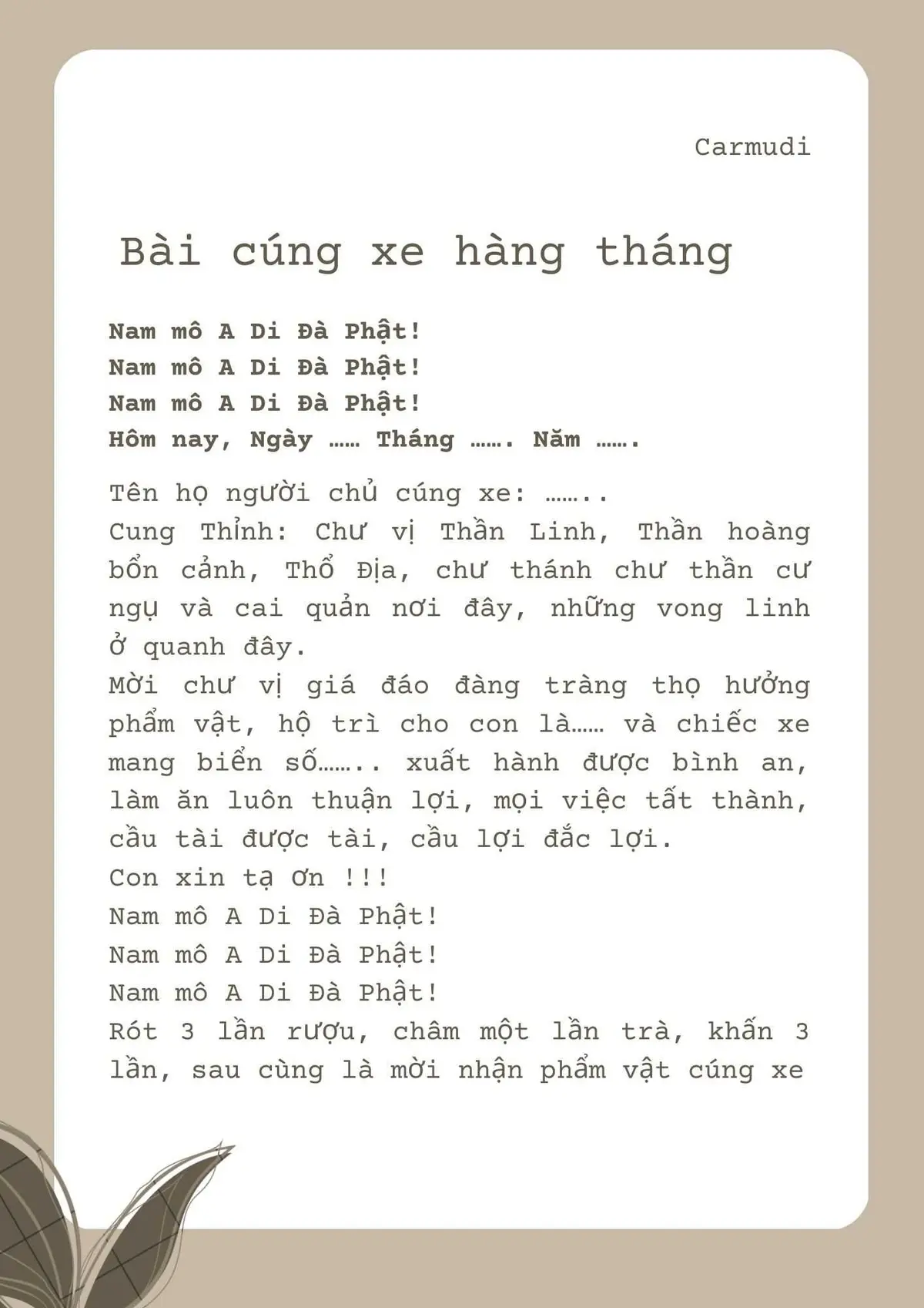 bài cúng xe