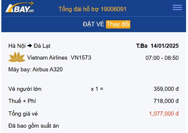 giá vé máy bay hà nội đà lạt vietnam airline