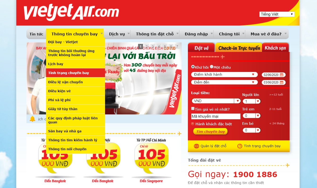 tra cứu giờ hạ cánh vietjet