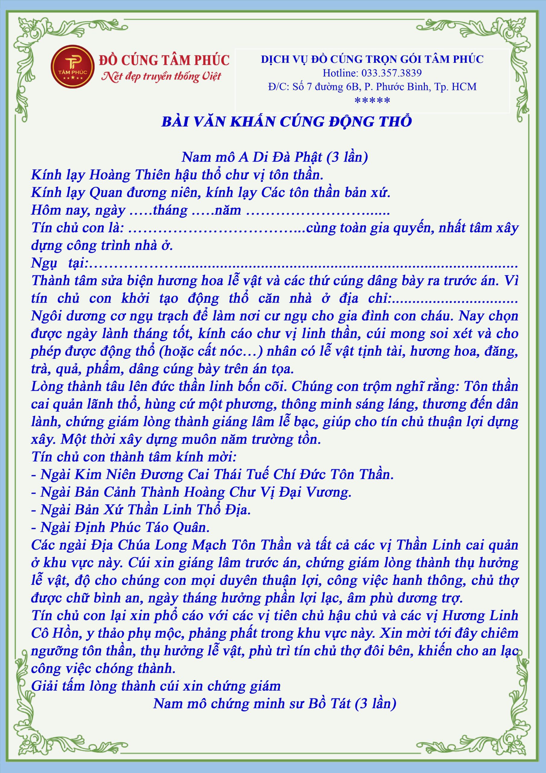 văn khấn cúng động thổ