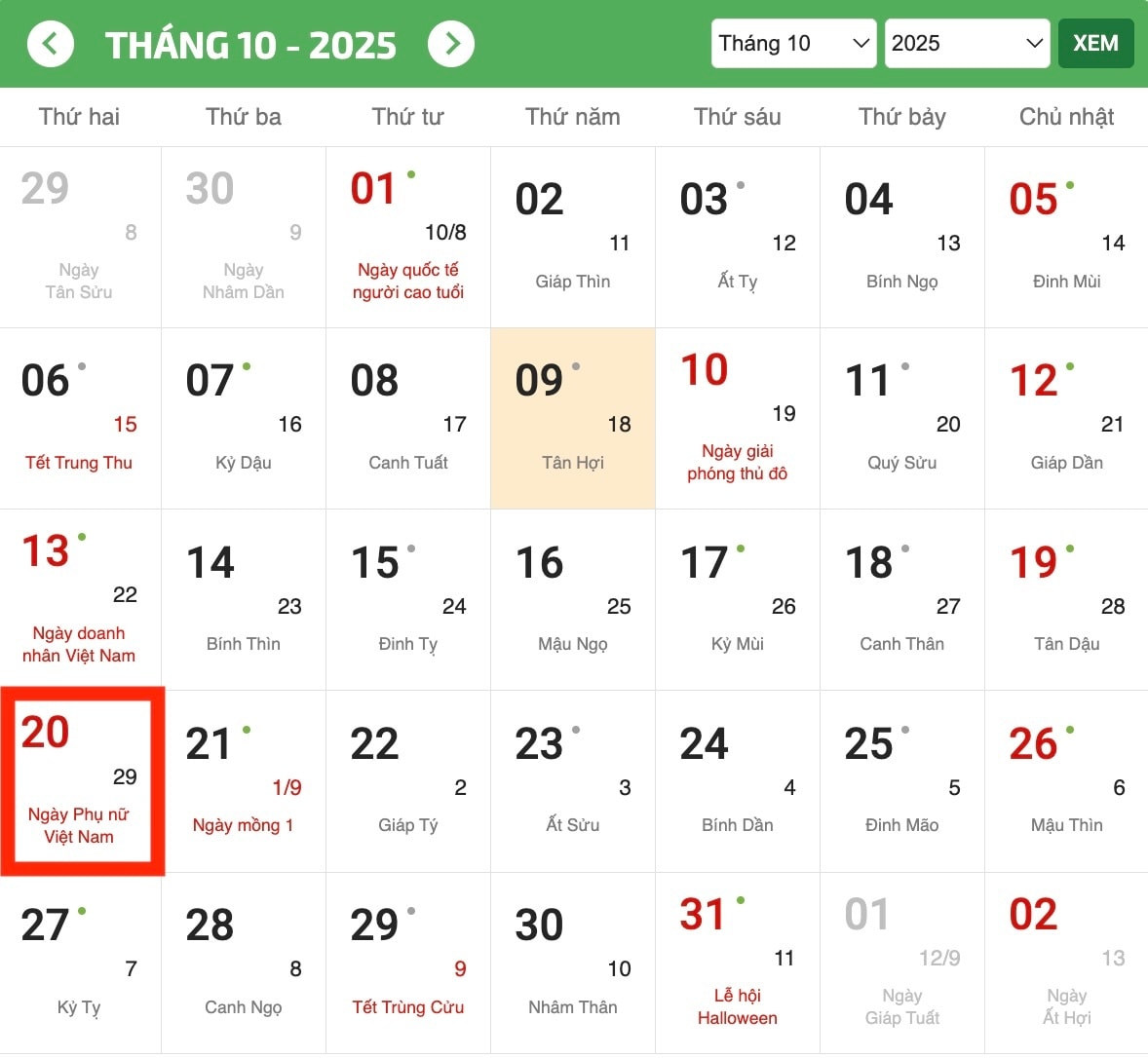 20 tháng 10 vào thứ mấy