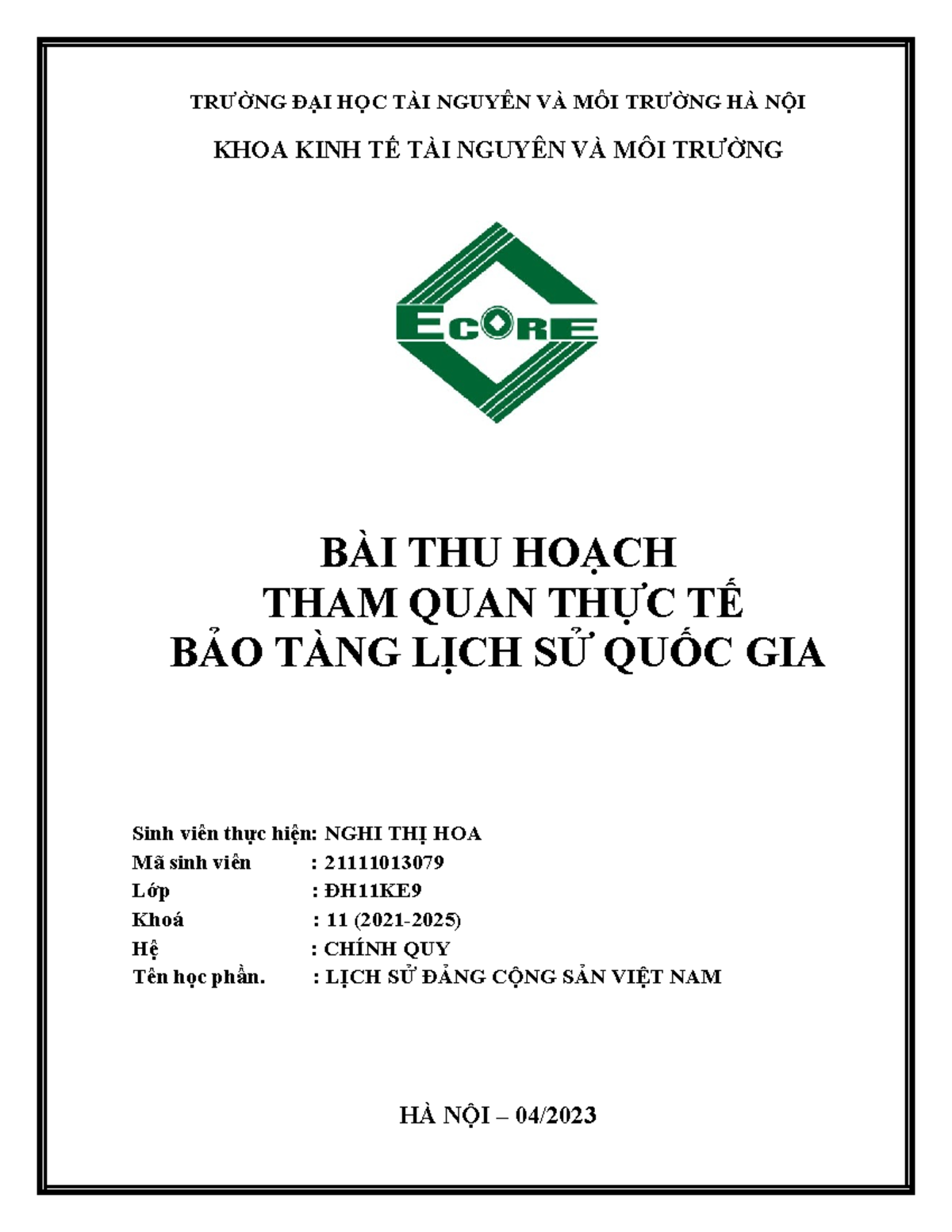 bài thu hoạch bảo tàng lịch sử quốc gia