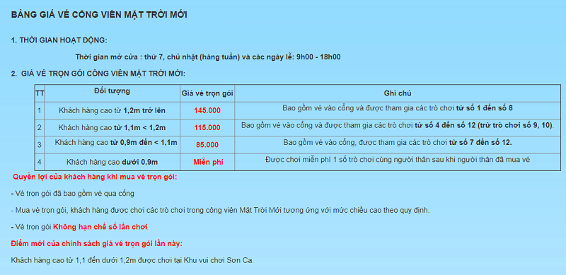 giá vé công viên mặt trời hồ tây