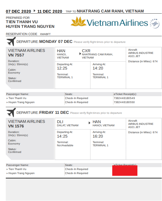 Giao diện mẫu vé máy bay điện tử của Vietnam Airlines khi đặt vé trực tuyến