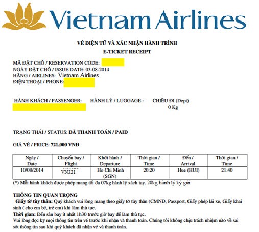 Mẫu vé máy bay điện tử của Vietnam Airlines giúp check in nhanh chóng tại sân bay