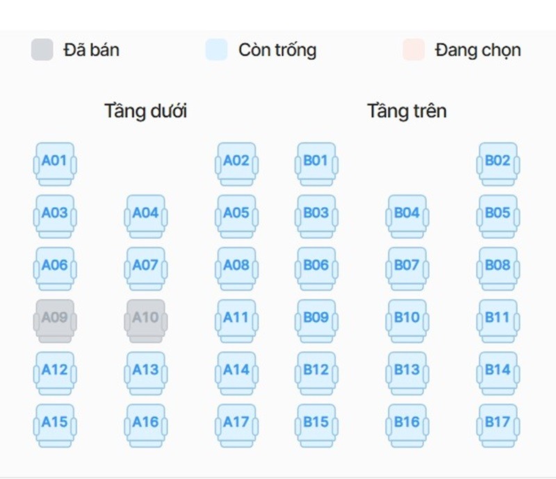 Sơ đồ số ghế xe giường nằm Phương Trang với cách bố trí tầng trên và tầng dưới rõ ràng