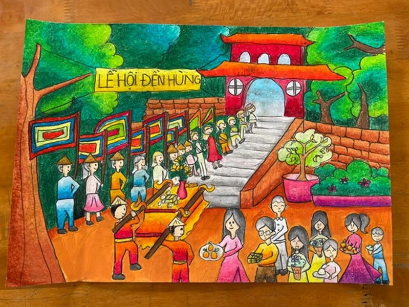 tranh vẽ lễ hội đền hùng