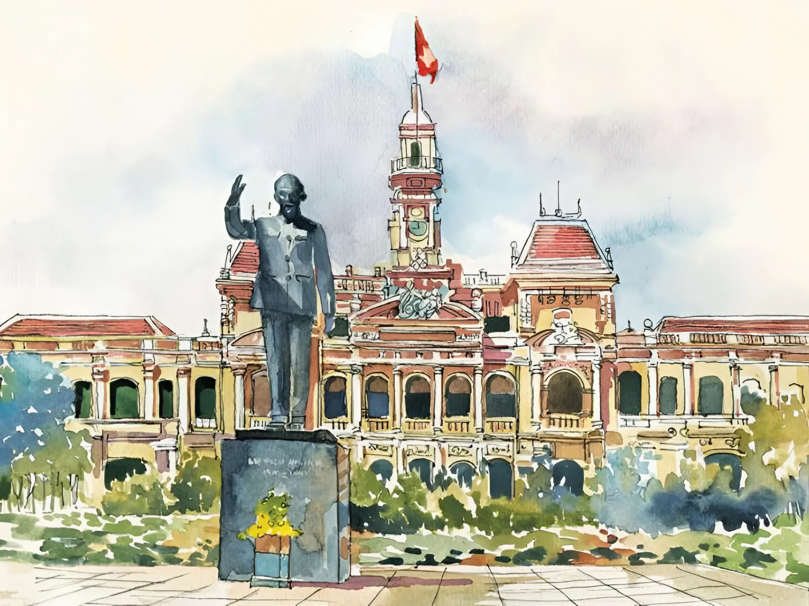 Góc phố nhộn nhịp trong tranh vẽ Thành phố Hồ Chí Minh đẹp mắt