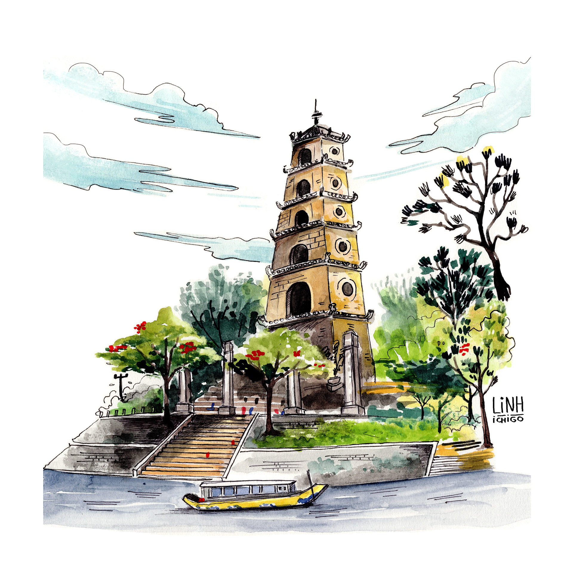 vẽ chùa thiên mụ đơn giản - Hình 3