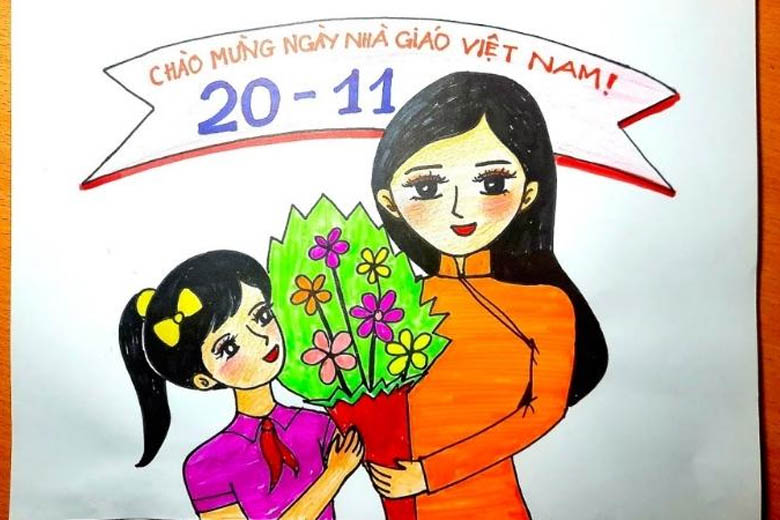 vẽ cô giáo và học sinh ngày 20 tháng 11