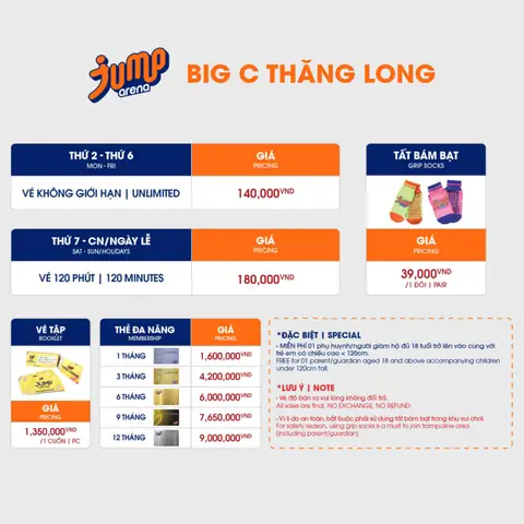 So Sánh Giá Vé Jump Arena Hà Nội – Tất Cả Chi Nhánh 2026