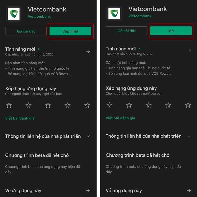 Giao diện chọn số tài khoản Vietcombank