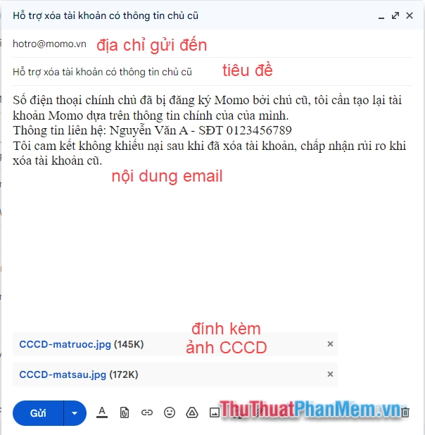 Gửi email đến dịch vụ CSKH của ví Momo