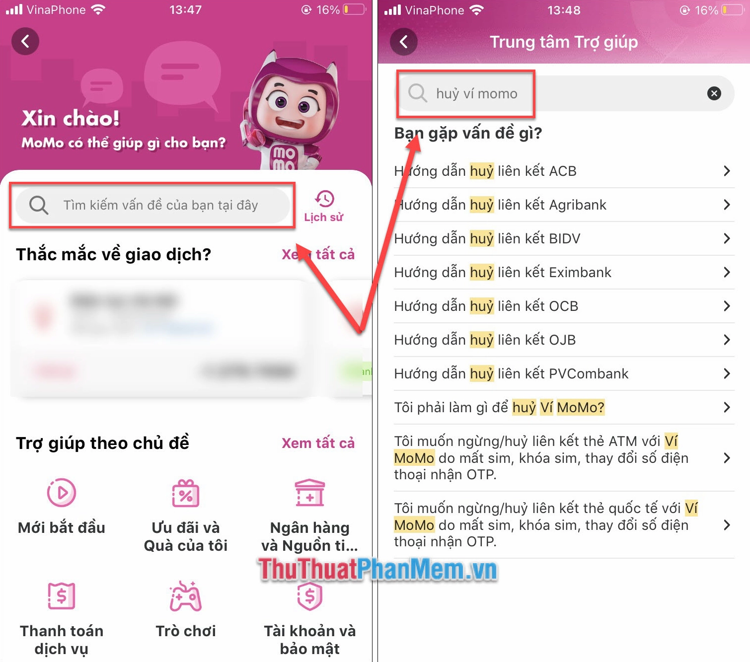 Nhấn vào khung tìm kiếm, nhập hủy ví Momo