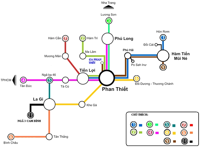 Bản đồ minh họa các tuyến xe buýt tại Bình Thuận