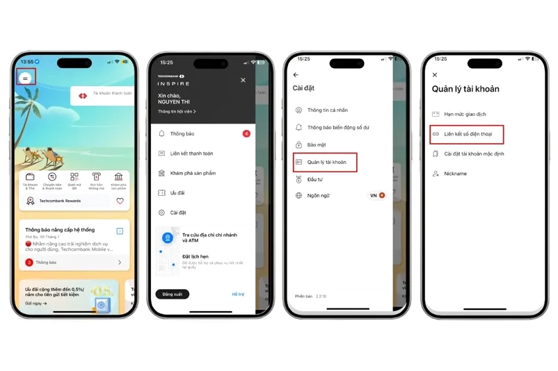 Giao diện cài đặt Techcombank Mobile cho phép liên kết số điện thoại với tài khoản