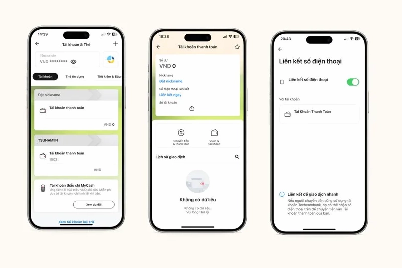 Giao diện Techcombank Mobile với tùy chọn liên kết số điện thoại để giao dịch