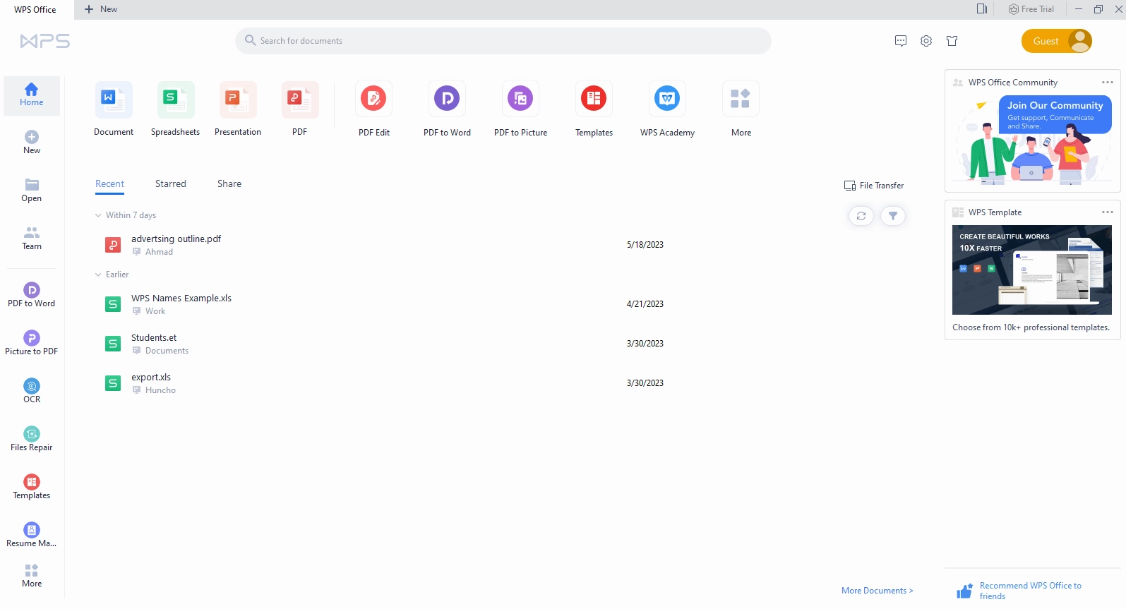 Màn hình giao diện WPS Office 2019 Premium Full
