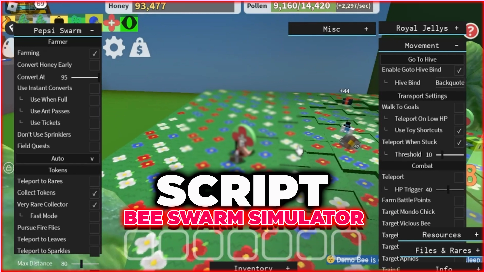 Minh họa giao diện sử dụng script Bee Swarm Simulator