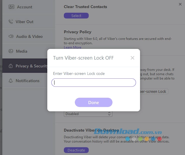 Nhập mật khẩu Viber hiện tại để xác nhận xóa mã khóa