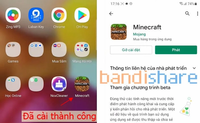 Thông báo cài đặt Minecraft PE thành công