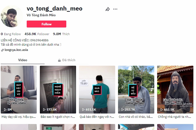 TikToker Đinh Văn Long - Võ Tòng Đánh Mèo với các nội dung hài hước